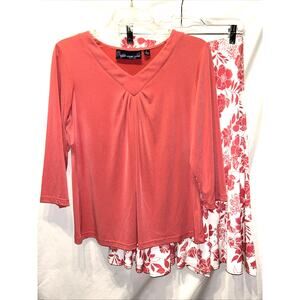 Susan Graver Style Skirt & Top Set Sz Sm Salmon 3/4 Slv Floral Print Resort Wear